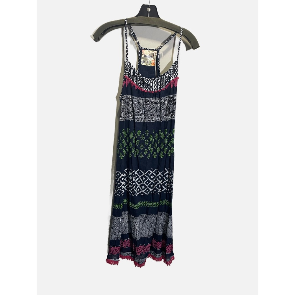 Lula Life Heron Middy Dress Womens XS Navy Blue Boho Geometric Pom Pom Midi Summ